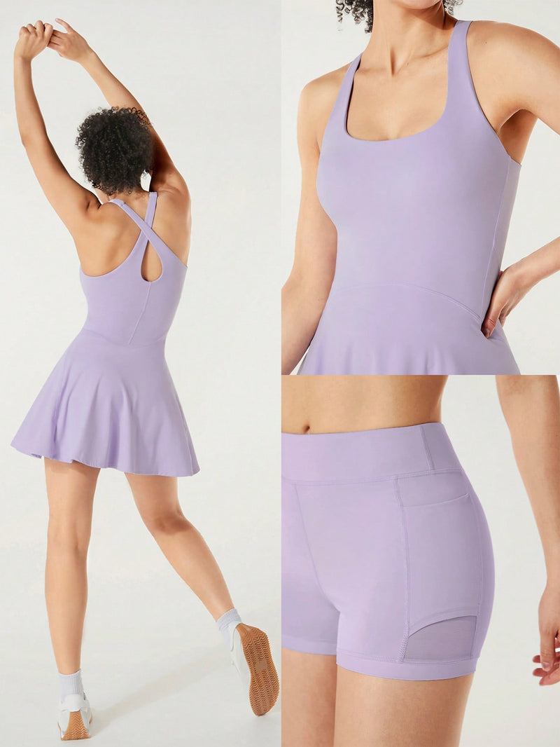 SoftFlux Curved Waist Crisscross Backless Solid Activewear Mini Dress Shorts Included