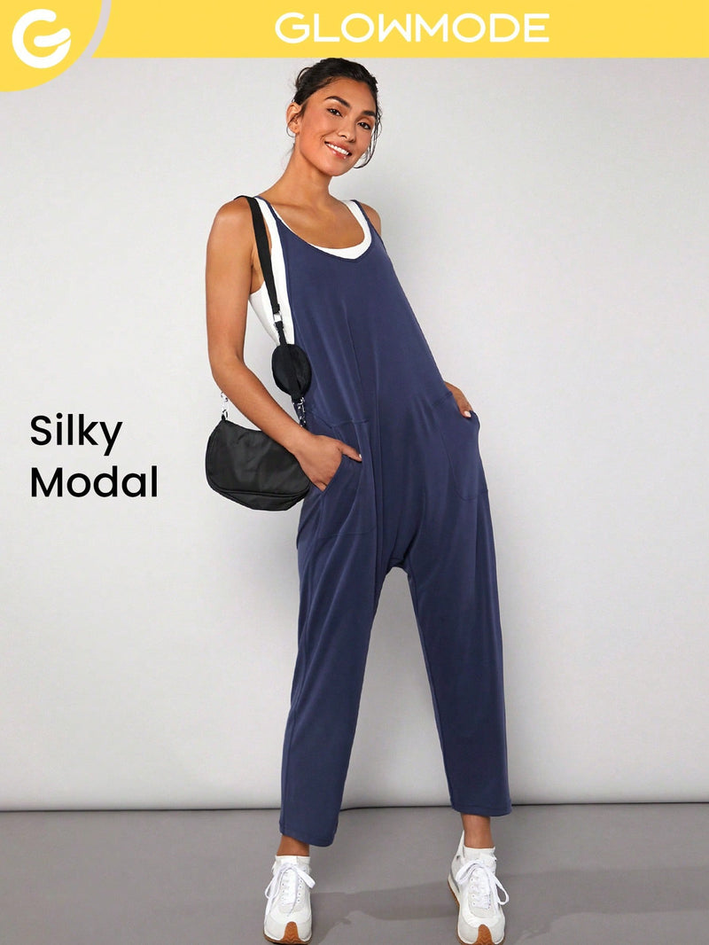 Modal Relax & Repeat Oversized Drop Crotch Side Pockets Hem Slip Ankle Ribbed Jumpsuit