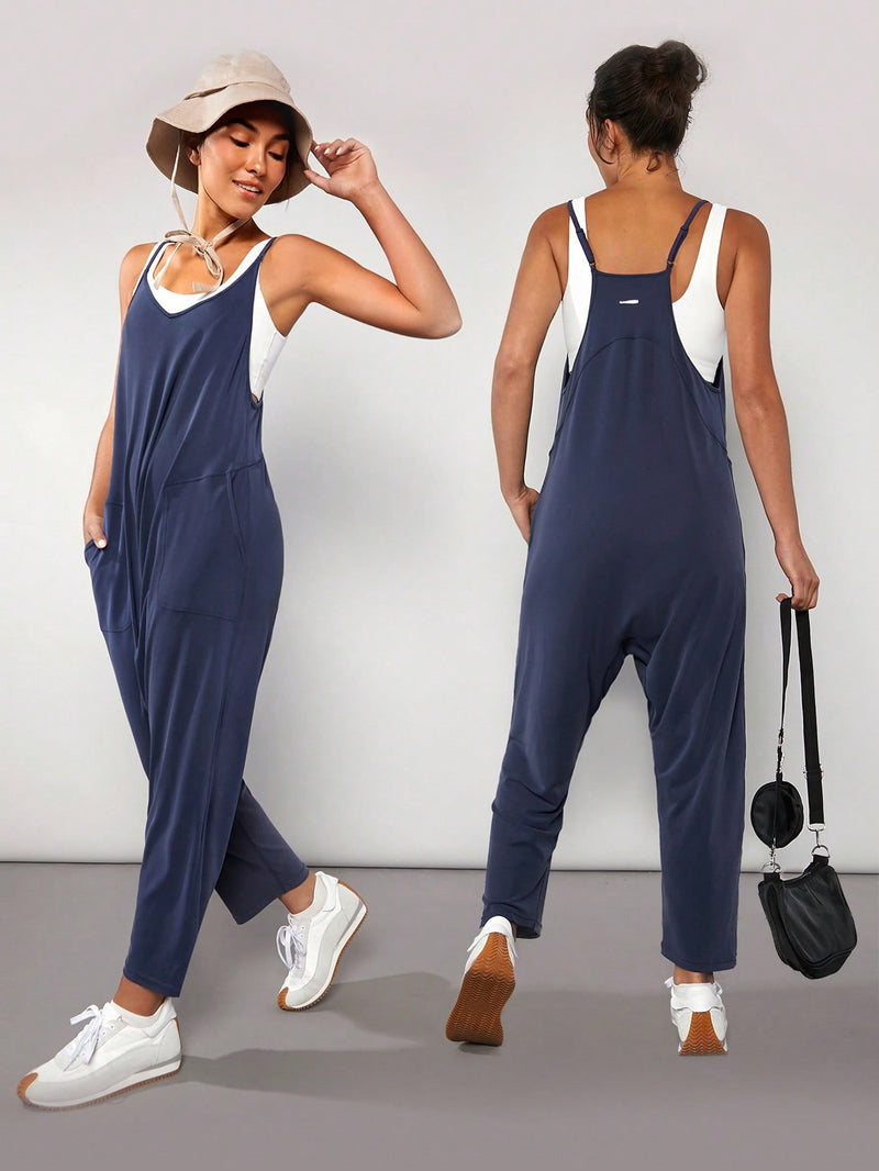 Modal Relax & Repeat Oversized Drop Crotch Side Pockets Hem Slip Ankle Ribbed Jumpsuit