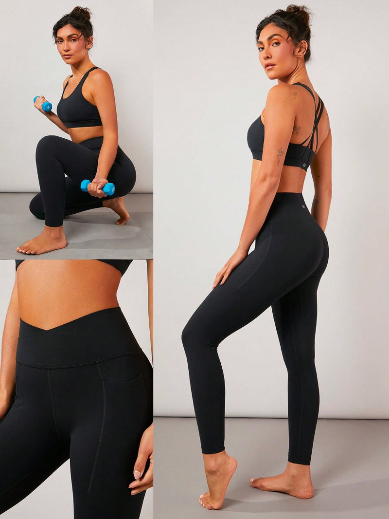 24" FeatherFit™-Sculpt Crossover Hold Up Pocket Leggings Yoga Workout Gym
