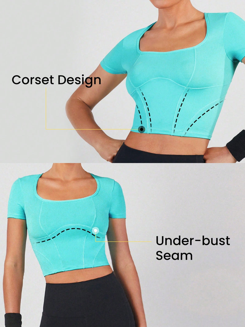 Corset-effect Square Neck Quick Dry Crop Top Lightweight Breathable