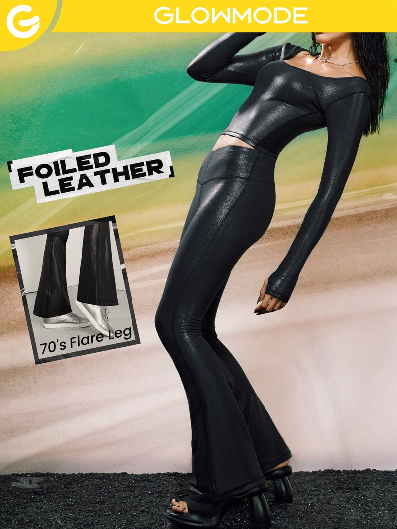 31" Foiled Leather Effect V-Shaped Waist Flared Sports Leggings