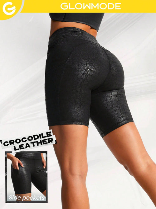 8" Foiled Leather Effect Crocodile Jock Side Pocket Shorts