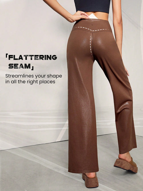 Foiled Leather Effect Straight Wide Leg Pocket Brushed Sports Pants