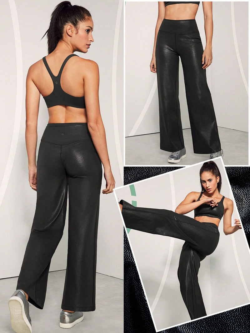 Foiled Leather Effect Straight Wide Leg Pocket Brushed Sports Pants