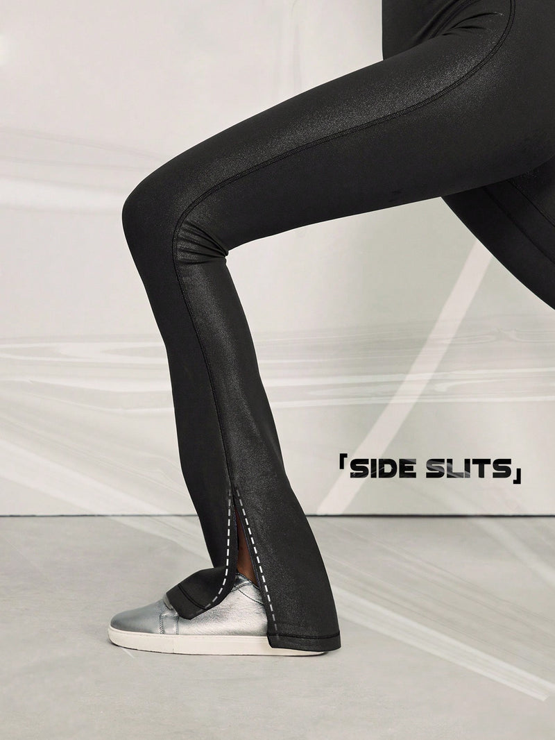 30" Matte Leather Effect Side Slits V-shaped Waist Sports Flare Leggings