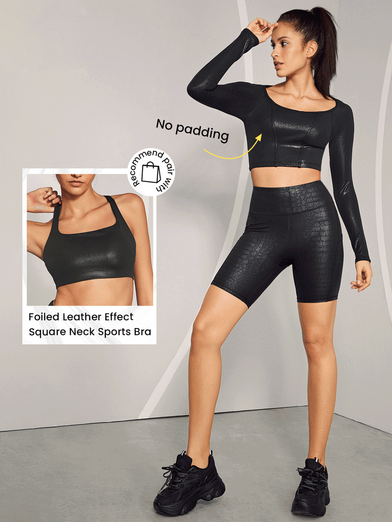 Foiled Leather Effect Scoop Neck Long Sleeve Crop Active Top