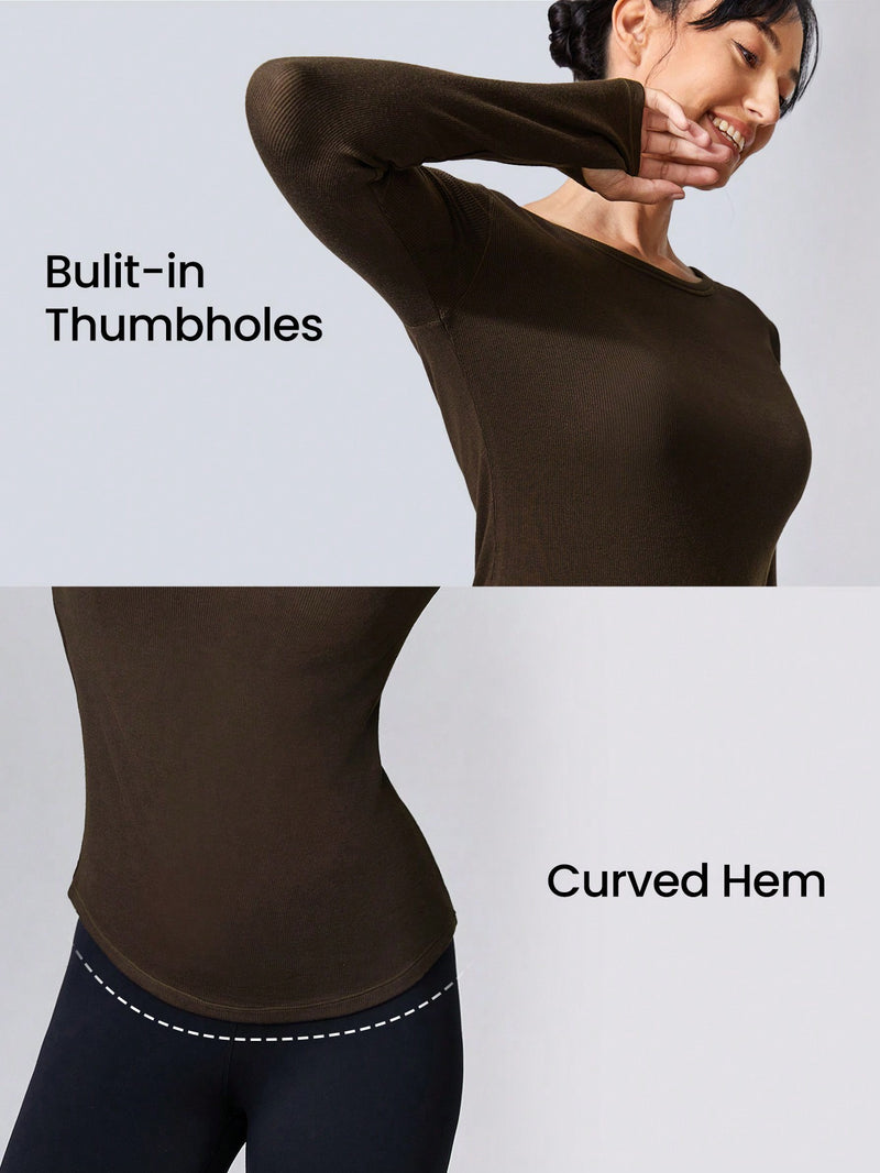 Ribbed Modal Simple Life Long-Sleeve Hip Length Top With Thumbhole