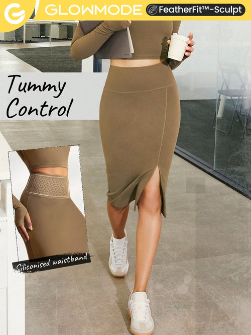 FeatherFit™-Sculpt Tummy Control Slit Midi Pencil Skirt