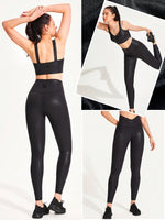 24" Foiled Leather Effect Shimmering Metallic Brushed Yoga Tights Gym Leggings With Crossover Waist
