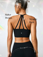 FeatherFit™ At Your Athleisure  Rhinestone Halter Sports Bra Light Support Low Impact Yoga