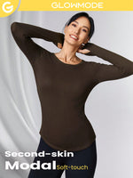 Ribbed Modal Simple Life Long-Sleeve Hip Length Top With Thumbhole