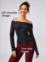FeatherFit™-Ribbed Performance Ready Off-Shoulder Two-Way Zipper Jacket Daily