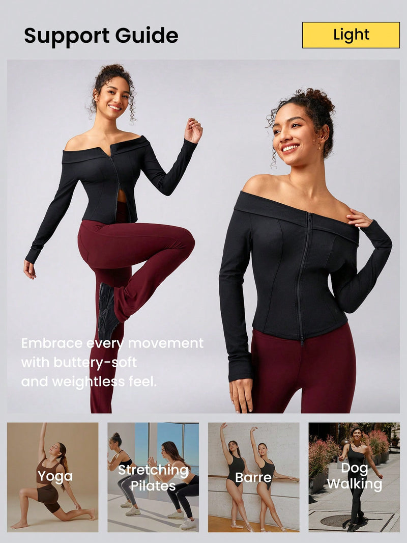 FeatherFit™-Ribbed Performance Ready Off-Shoulder Two-Way Zipper Jacket Daily