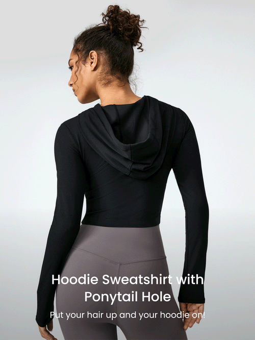 FeatherFit™ Work For It Drawstring Hoodie Long Sleeve Cropped Sweatshirt Low Impact Yoga