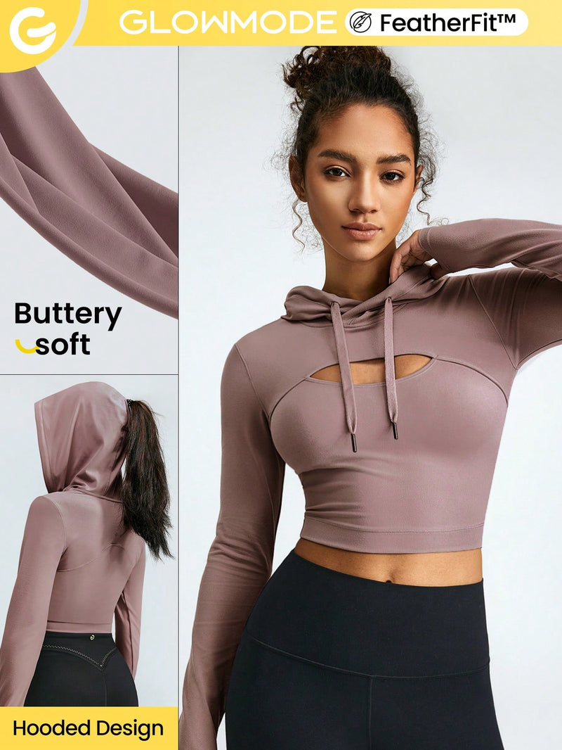 FeatherFit™ Work For It Drawstring Hoodie Long Sleeve Cropped Sweatshirt Low Impact Yoga