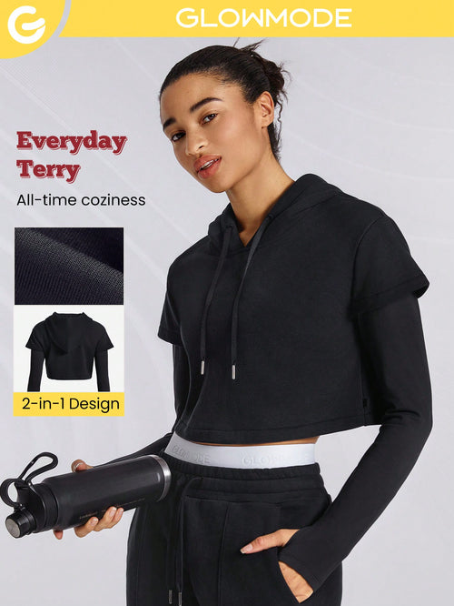 Everyday Terry 2-In-1 Drawstring Long Sleeve Cropped Hoodie Sweatshirt With Thumbhole