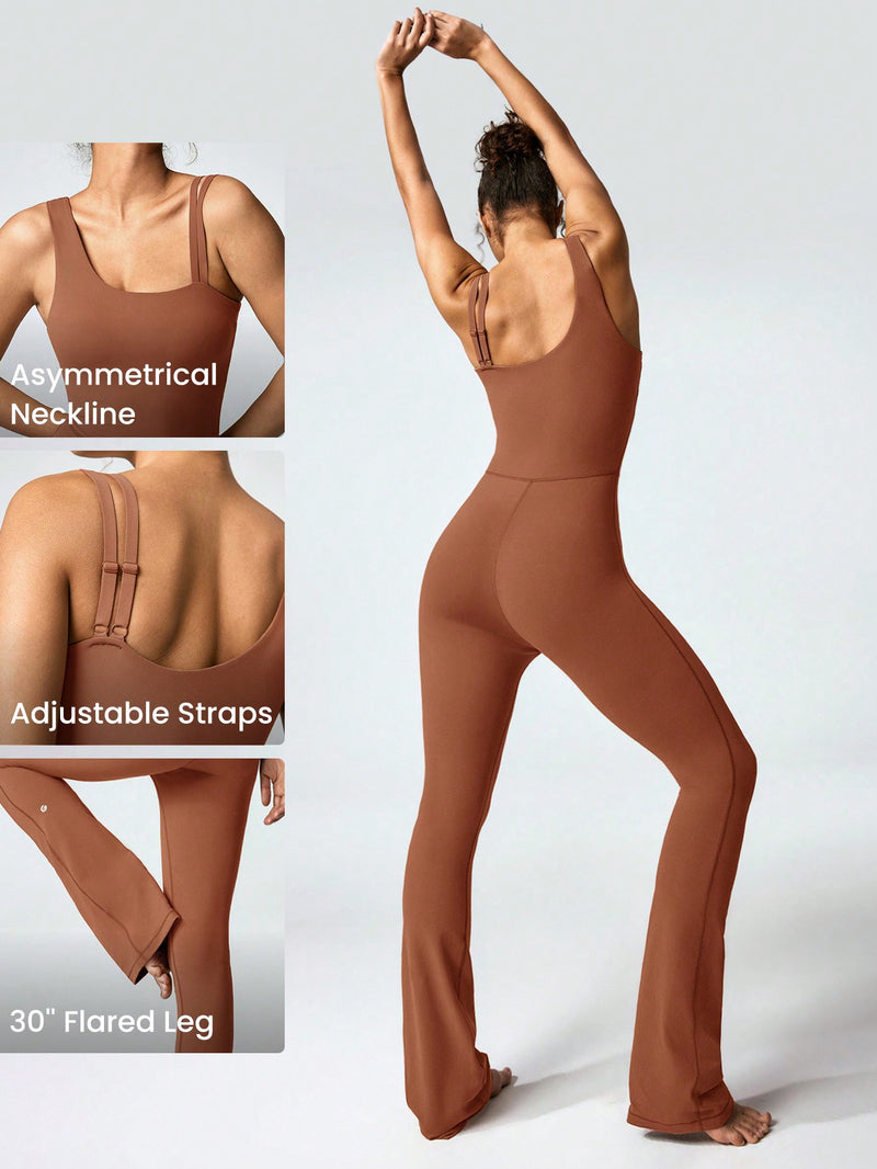 30" FeatherFit™ Strap It Good Asymmetrical Double Shoulder Strap Tummy Control Flared Jumpsuit Light Support Low Impact Yoga Studio