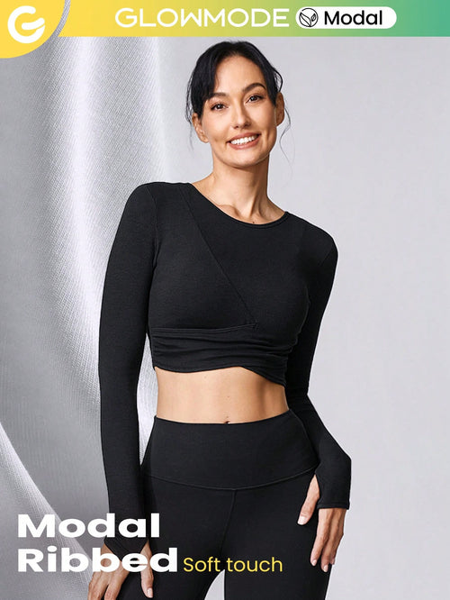 Ribbed Modal Wrap Cropped Shirred Long-Sleeve Top