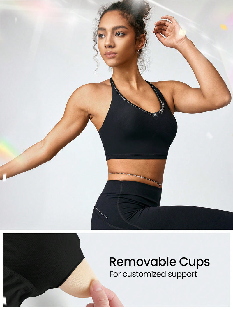 FeatherFit™ At Your Athleisure  Rhinestone Halter Sports Bra Light Support Low Impact Yoga