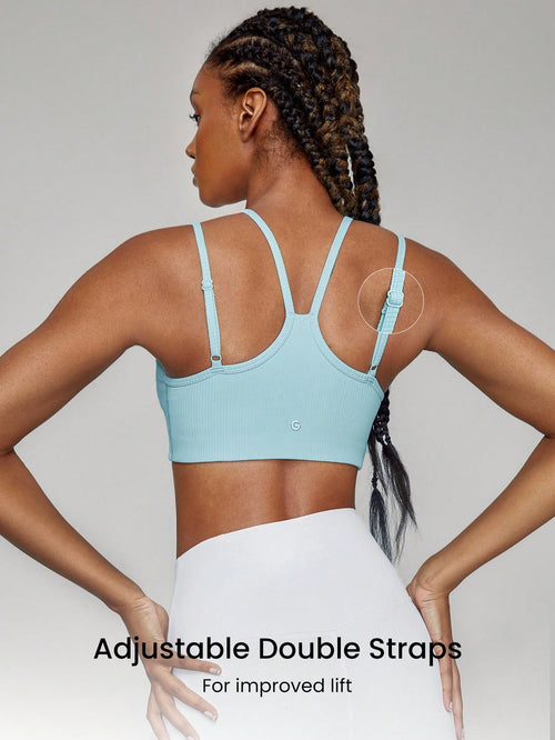 FeatherFit™-Ribbed Heart-Shaped Adjustable Dual Straps Sports Bra Light Support Low Impact Yoga Studio