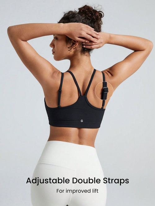 FeatherFit™-Ribbed Heart-Shaped Adjustable Dual Straps Sports Bra Light Support Low Impact Yoga Studio
