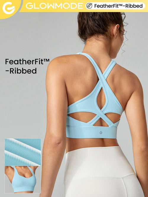 FeatherFit™-Ribbed Flexible Heart-Shaped Crisscross Cut-Out Sports Bra Light Support Low Impact Yoga Studio