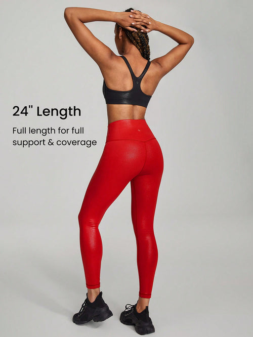 24" Foiled Leather Effect Shimmering Metallic Brushed Yoga Tights Gym Leggings With Crossover Waist