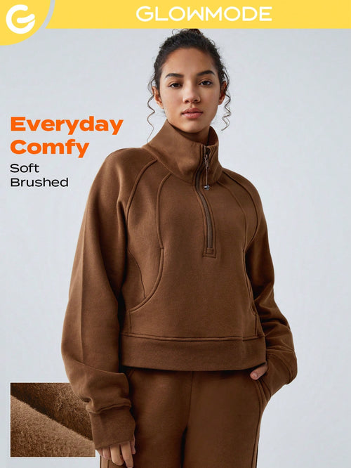Cotton-Blend Fleece Half Zip Pocket Sweatshirt With Thumbhole Warm Cozy